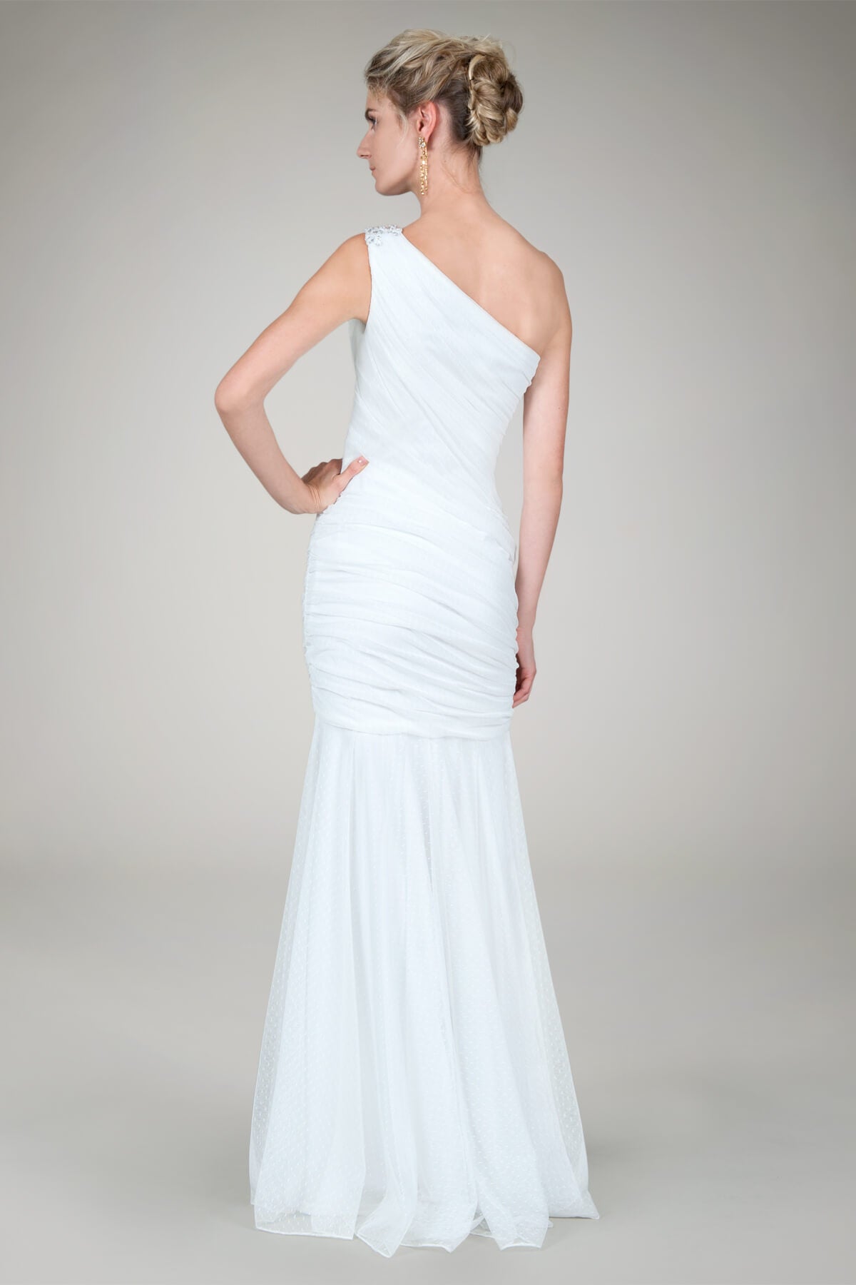 One Shoulder Ruched Gown in Ivory