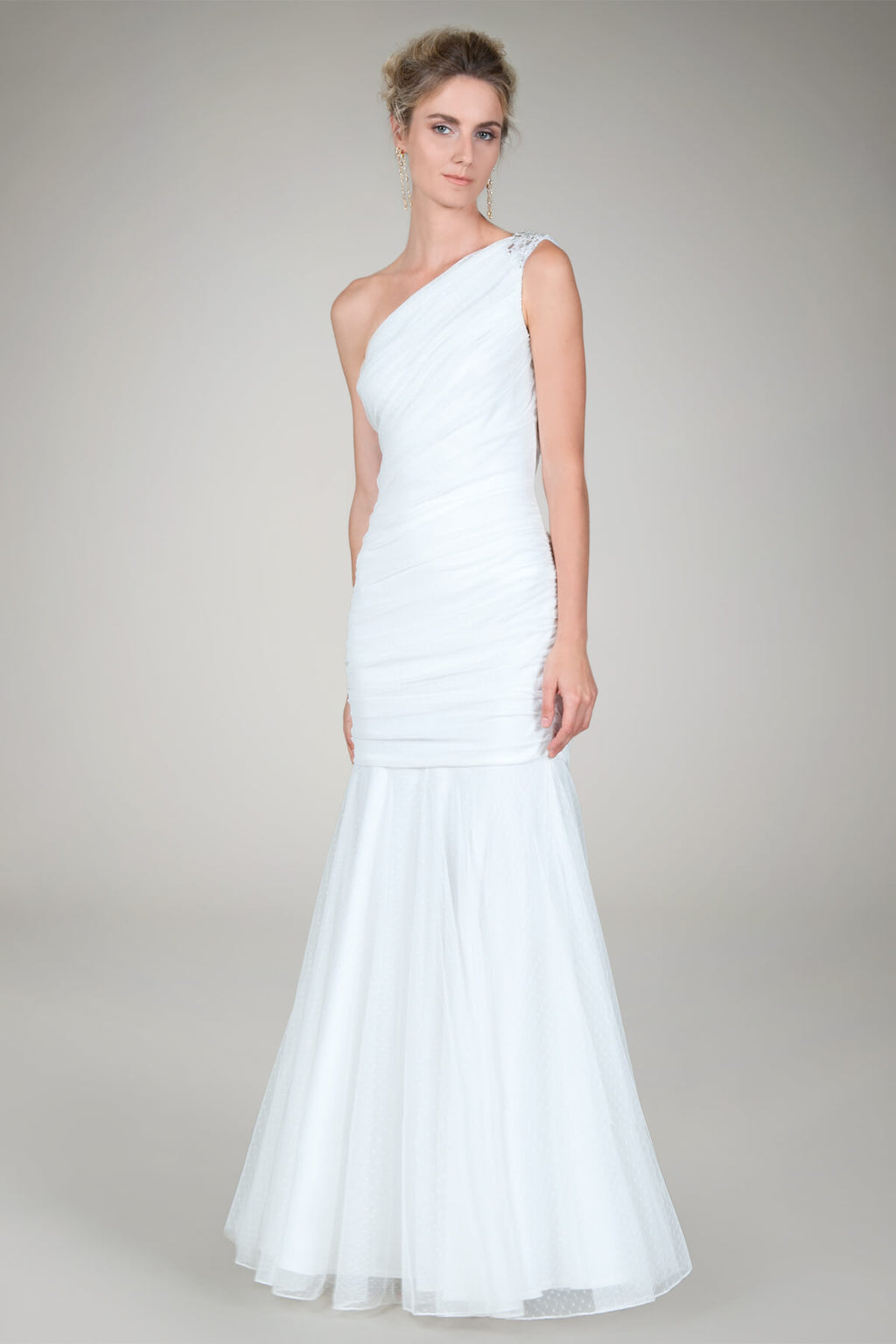 One Shoulder Ruched Gown in Ivory