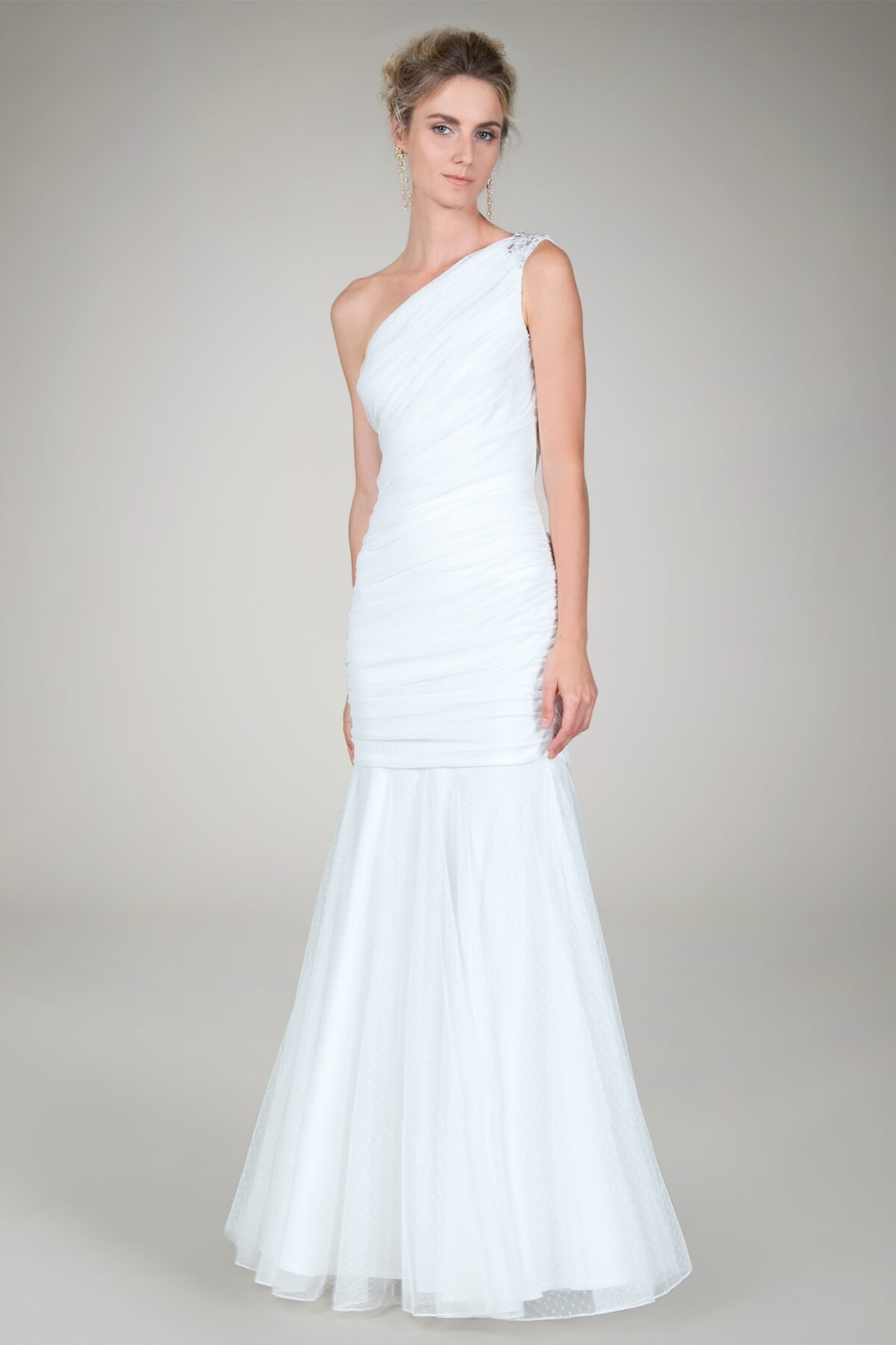 One Shoulder Ruched Gown in Ivory