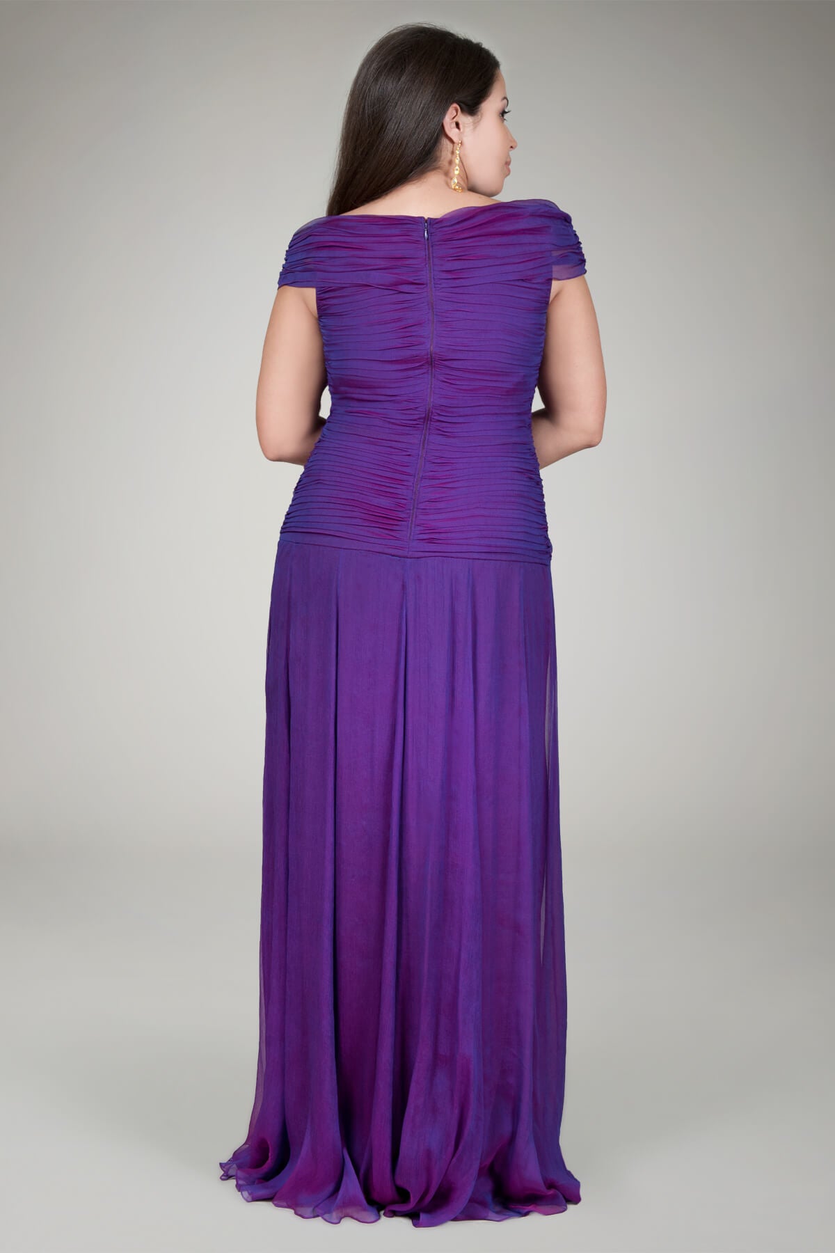 Iridescent Chiffon Draped Gown in Raspberry