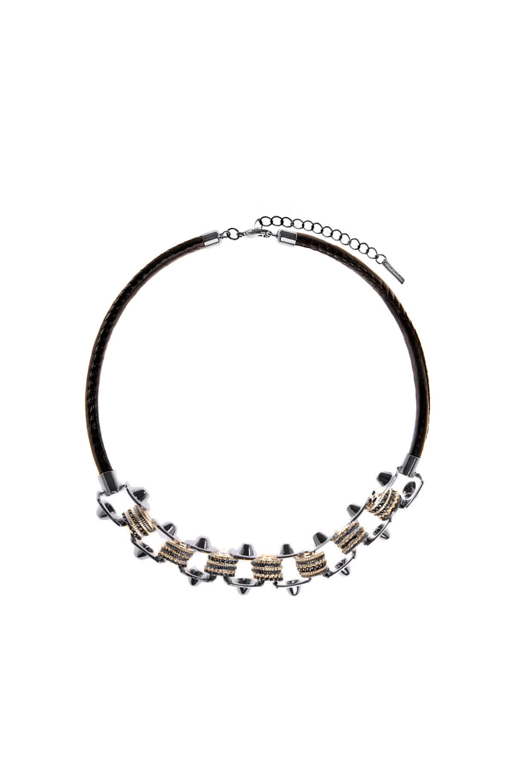 Studded Link Chain and Leatherette Cord Necklace