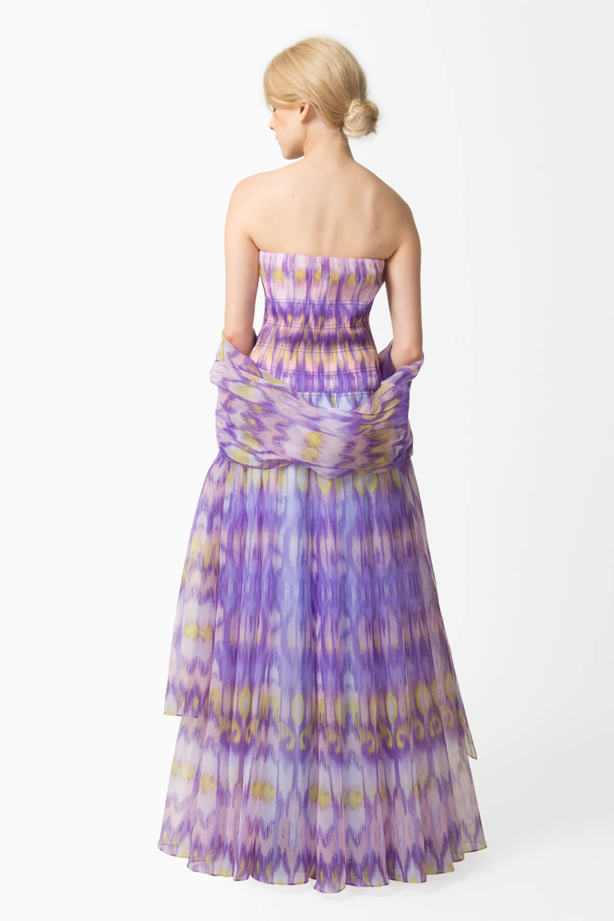 Ikat Printed Gazar Strapless Gown in Pale Iris
