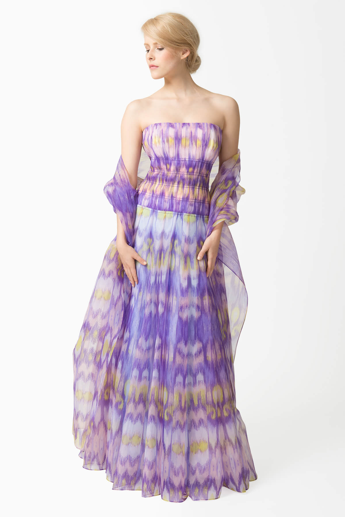 Ikat Printed Gazar Strapless Gown in Pale Iris