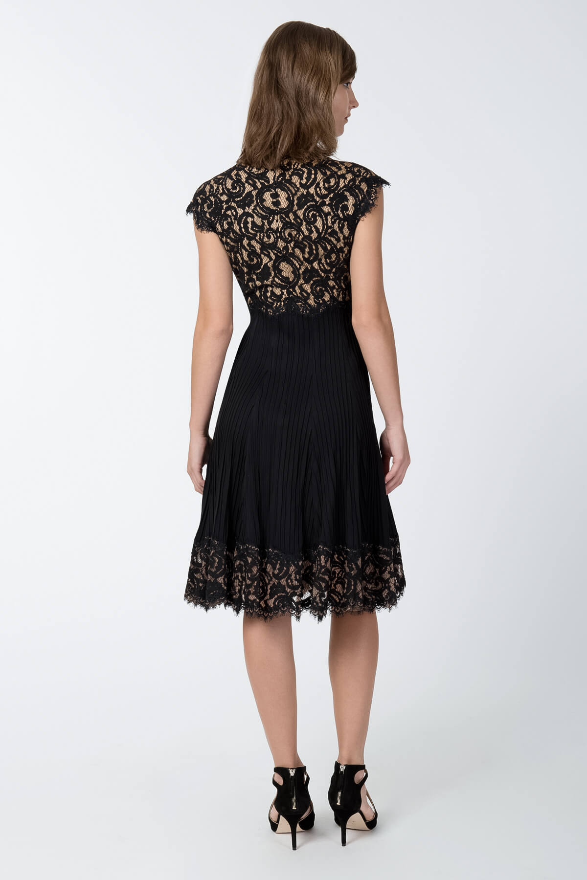 Pintuck Jersey and Lace Cap Sleeve Dress in Black / Nude