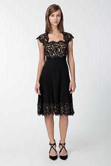 Pintuck Jersey and Lace Cap Sleeve Dress in Black / Nude