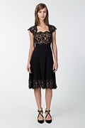 Pintuck Jersey and Lace Cap Sleeve Dress in Black / Nude