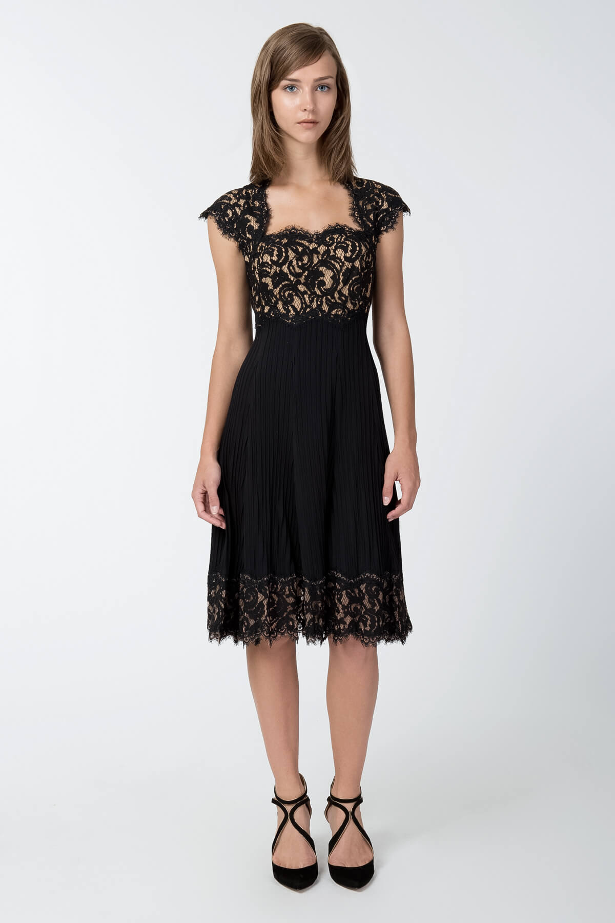 Pintuck Jersey and Lace Cap Sleeve Dress in Black / Nude