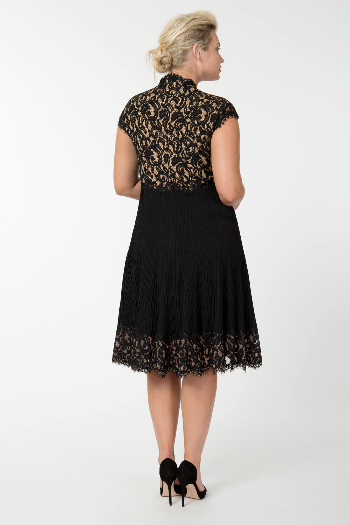 Pintuck Jersey and Lace Cap Sleeve Dress in Black / Nude