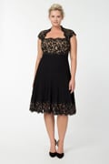 Pintuck Jersey and Lace Cap Sleeve Dress in Black / Nude