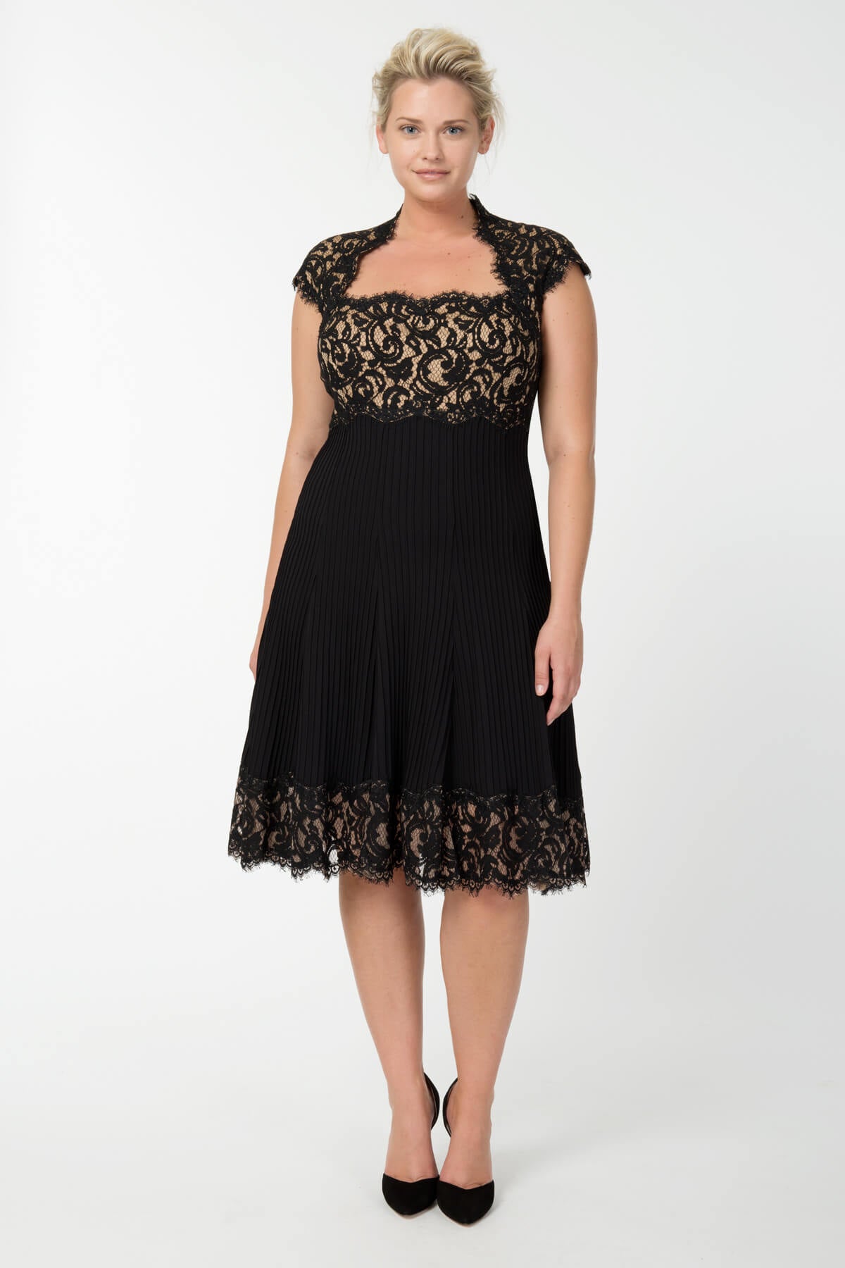 Pintuck Jersey and Lace Cap Sleeve Dress in Black / Nude