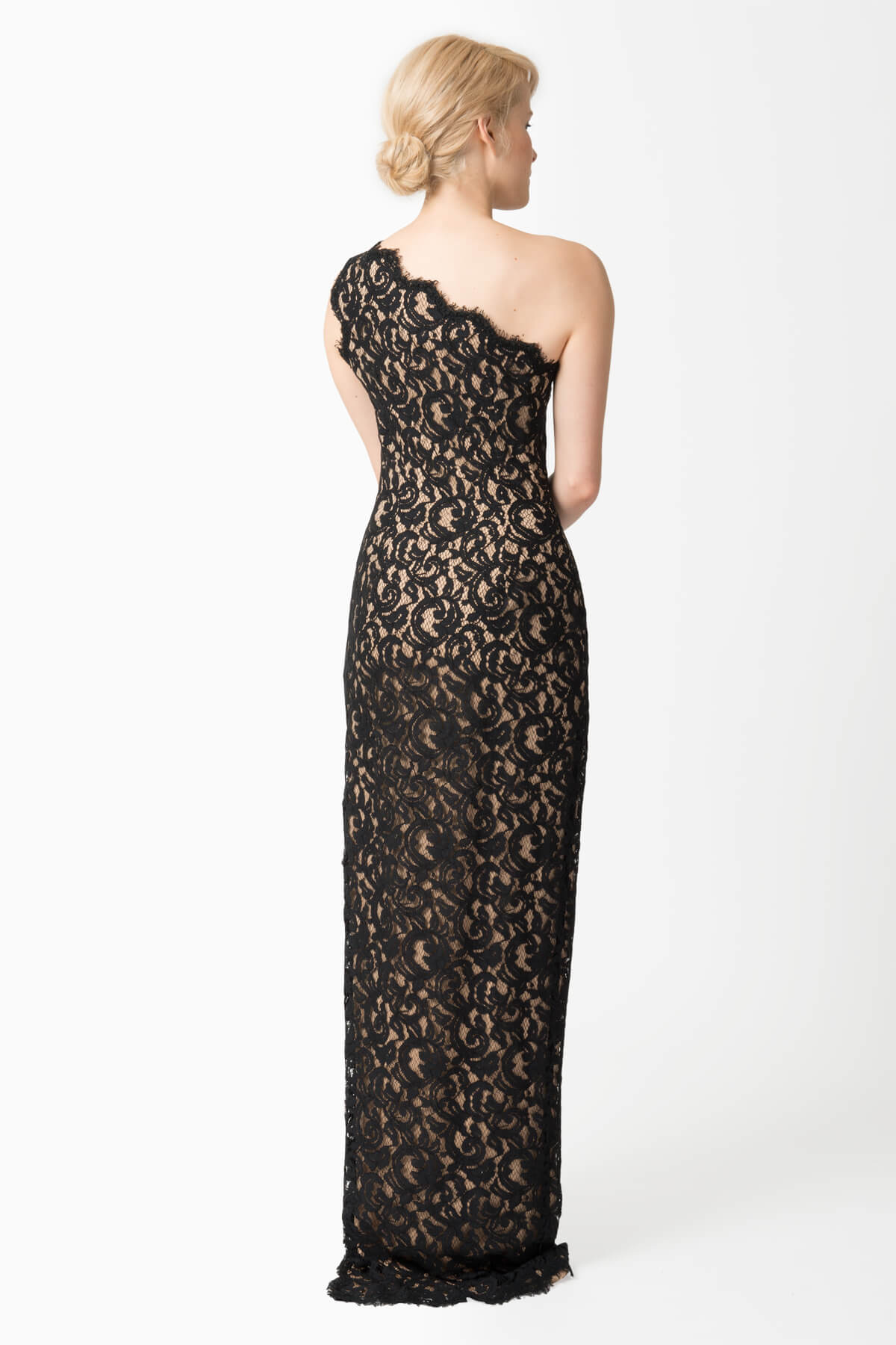 Black / Nude Lace One Shoulder Gown