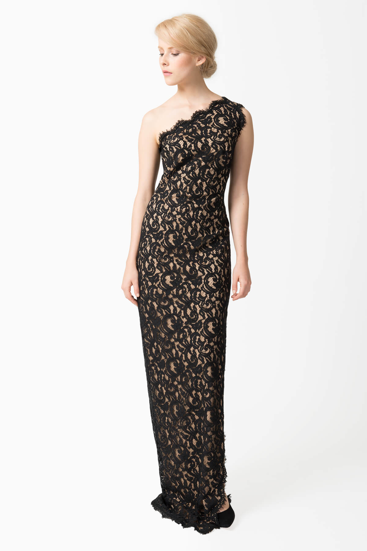 Black / Nude Lace One Shoulder Gown