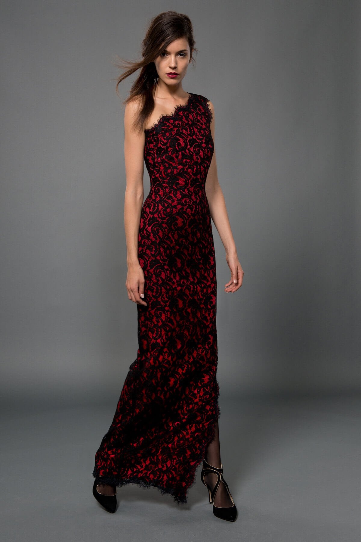Black / Peppermint Lace One Shoulder Gown