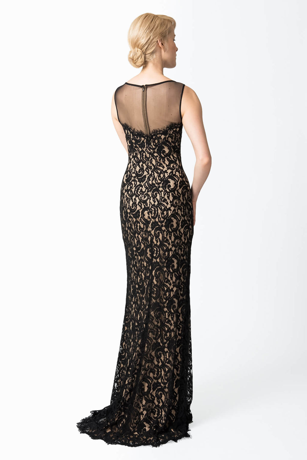 Lace and Mesh Illusion Boatneck Gown in Black / Nude