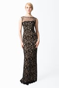 Lace and Mesh Illusion Boatneck Gown in Black / Nude