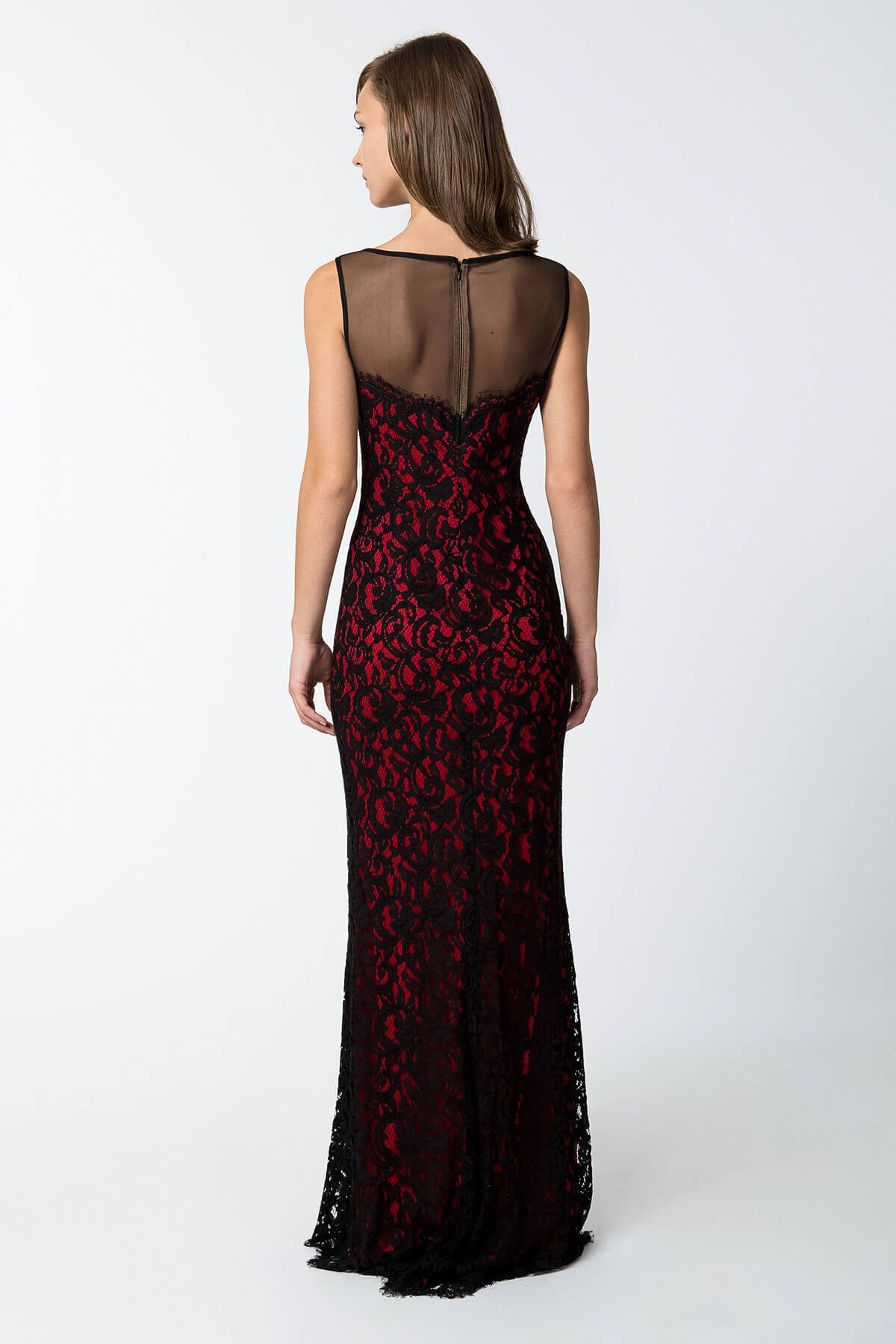 Lace and Mesh Illusion Boatneck Gown in Black / Peppermint