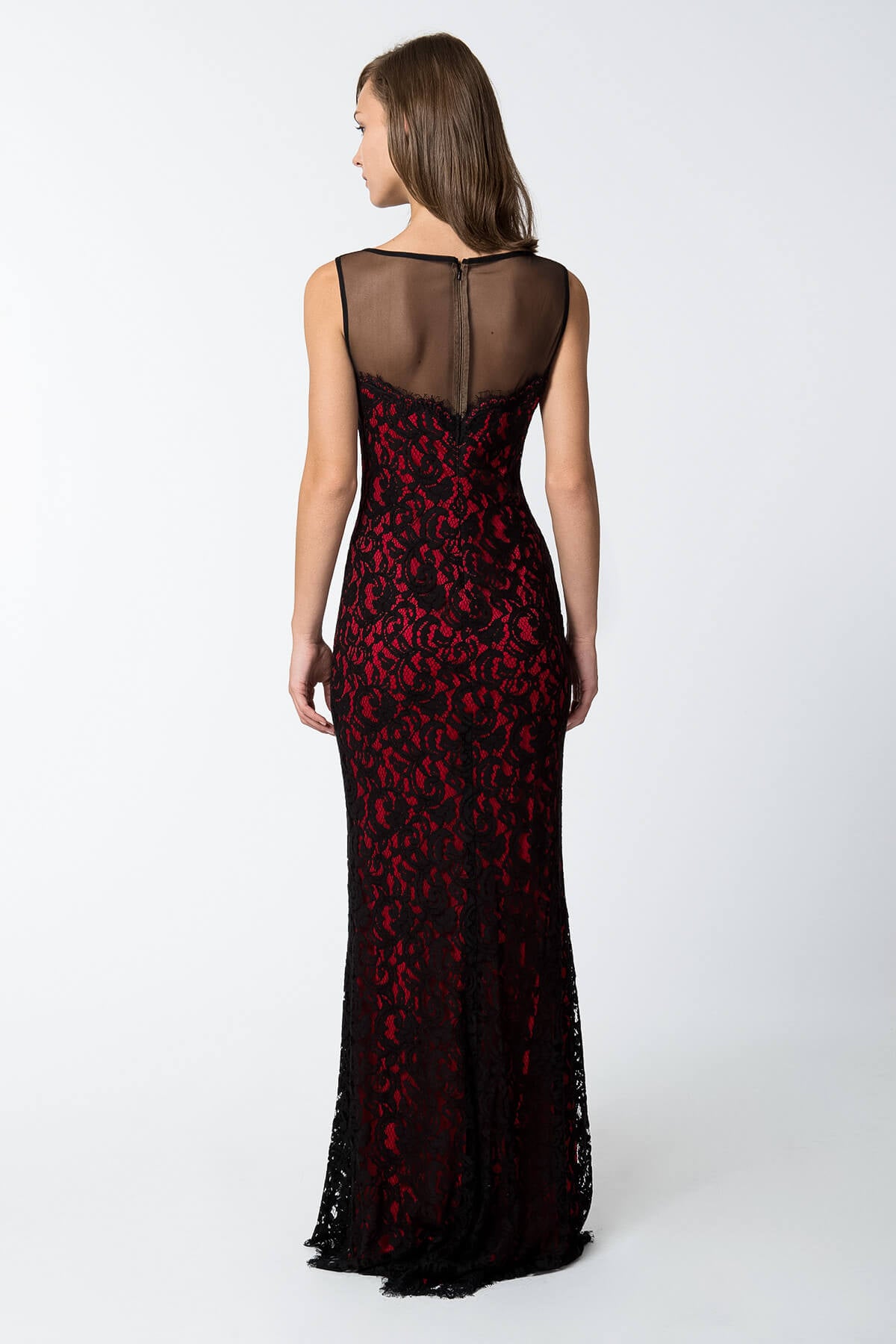 Lace and Mesh Illusion Boatneck Gown in Black / Peppermint