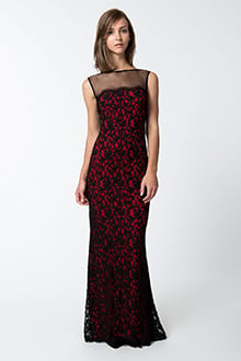 Lace and Mesh Illusion Boatneck Gown in Black / Peppermint