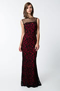 Lace and Mesh Illusion Boatneck Gown in Black / Peppermint