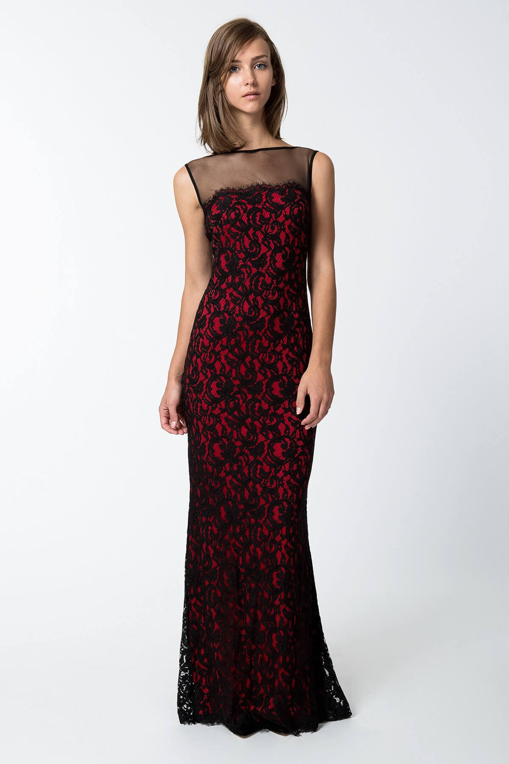 Lace and Mesh Illusion Boatneck Gown in Black / Peppermint