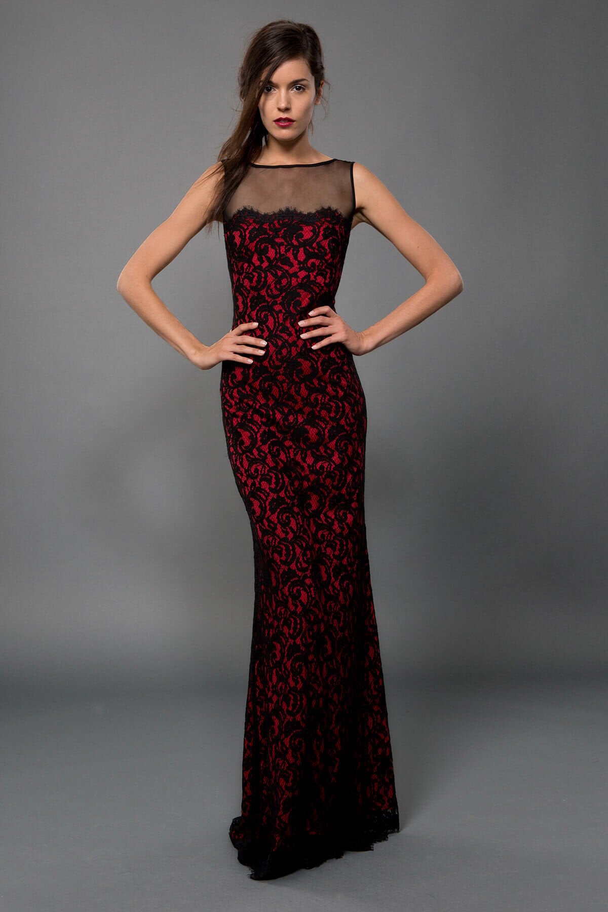 Lace and Mesh Illusion Boatneck Gown in Black / Peppermint