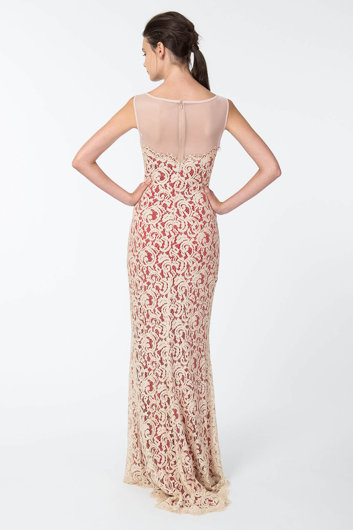 Lace and Mesh Illusion Boatneck Gown in Jute / Flame