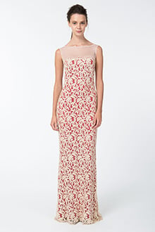 Lace and Mesh Illusion Boatneck Gown in Jute / Flame