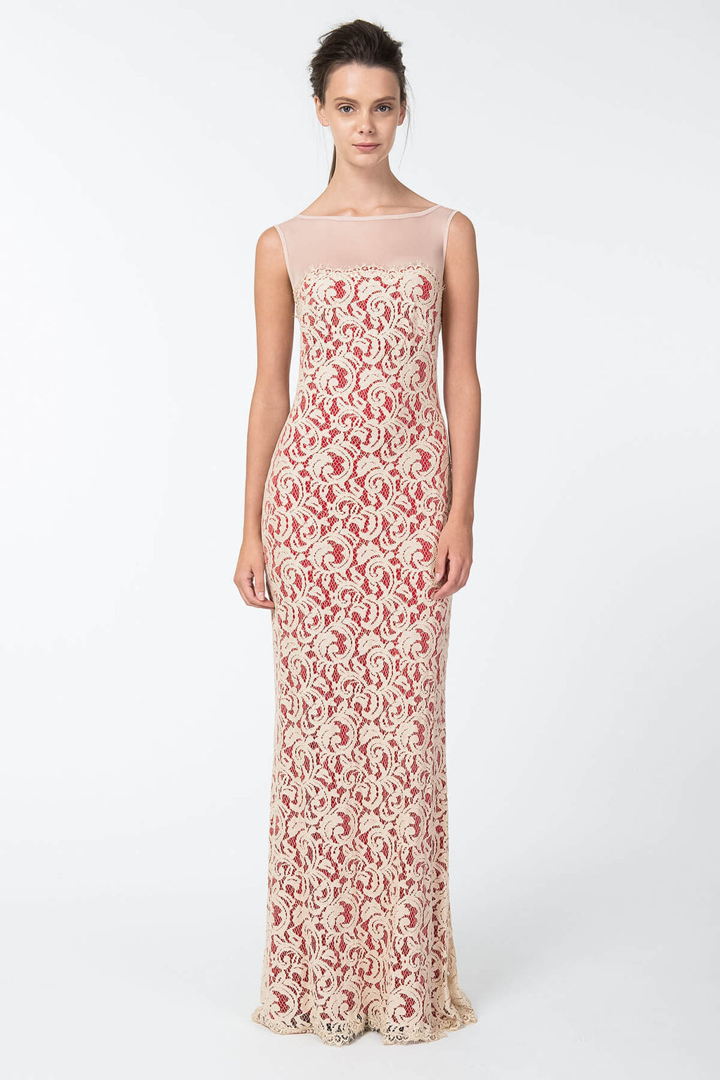 Lace and Mesh Illusion Boatneck Gown in Jute / Flame
