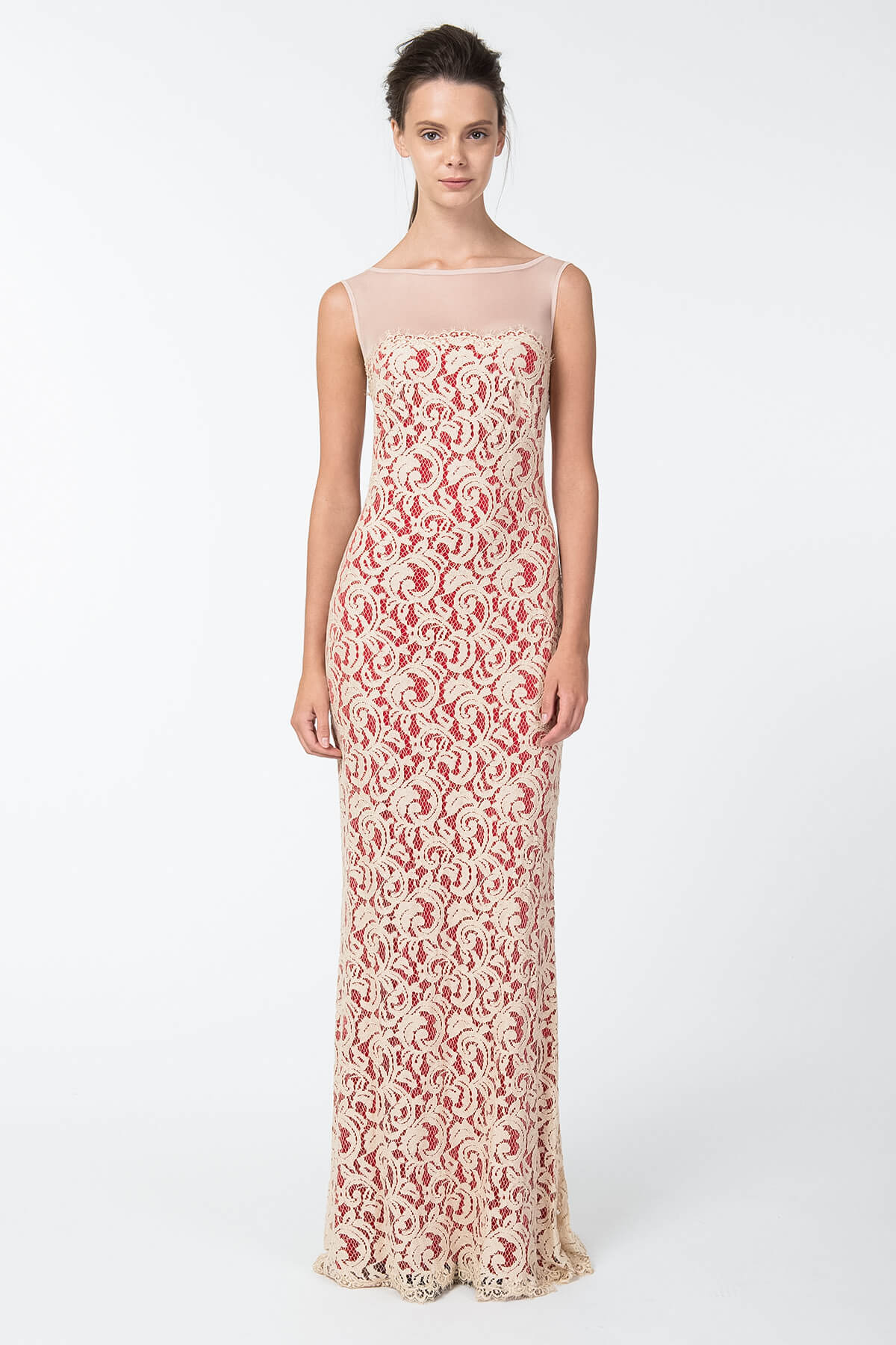 Lace and Mesh Illusion Boatneck Gown in Jute / Flame