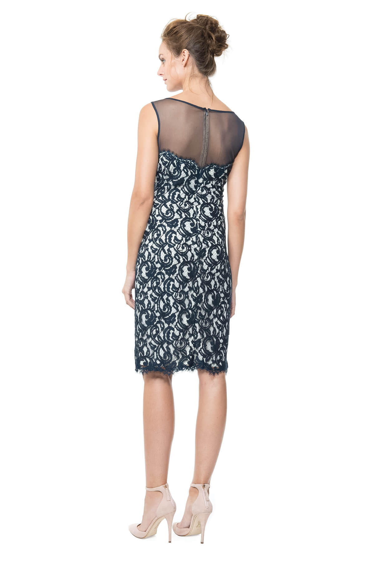 Lace and Mesh Illusion Boatneck Sheath Dress Navy / Ivory
