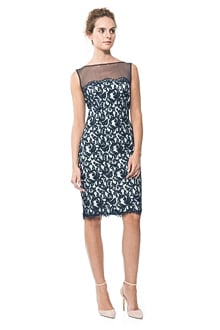 Lace and Mesh Illusion Boatneck Sheath Dress Navy / Ivory