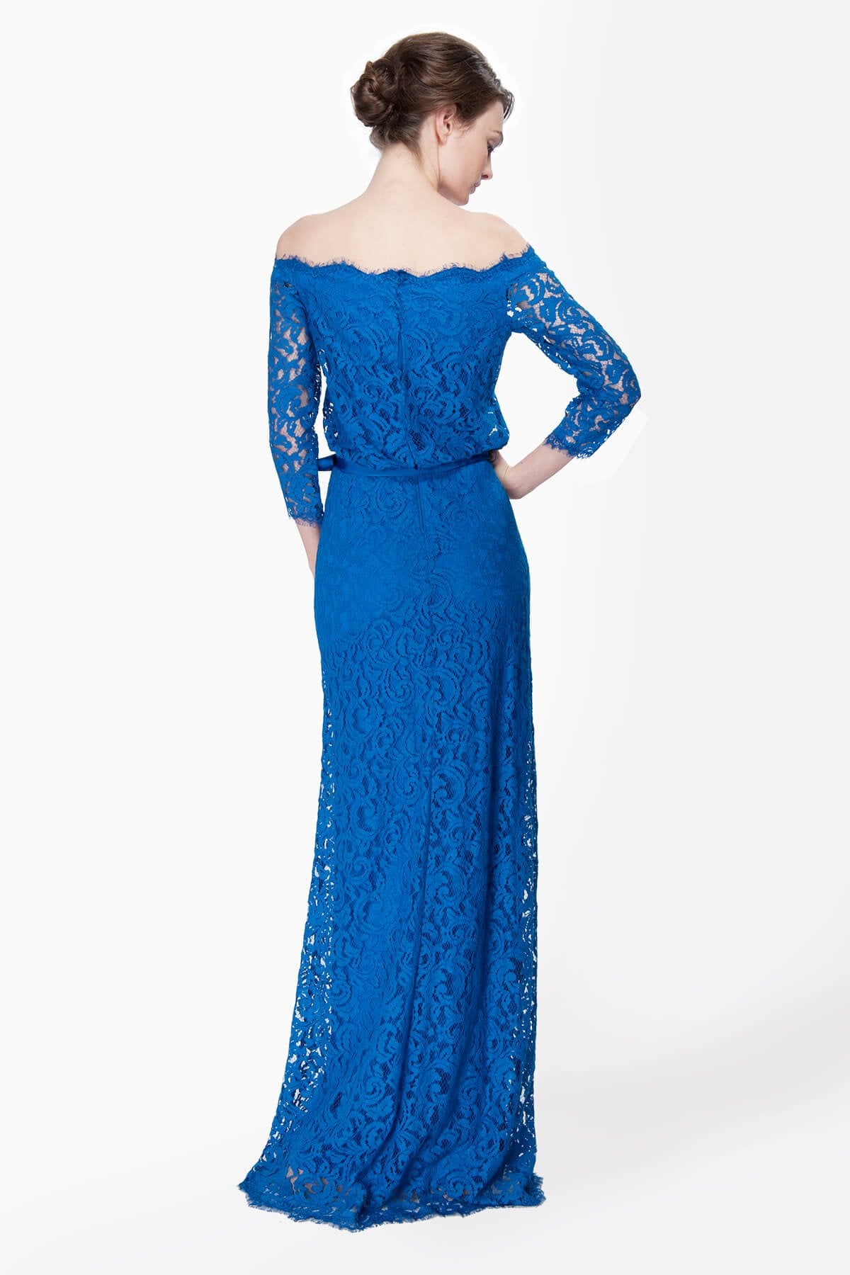 Lace Off Shoulder ¾ Sleeve Gown in China Blue