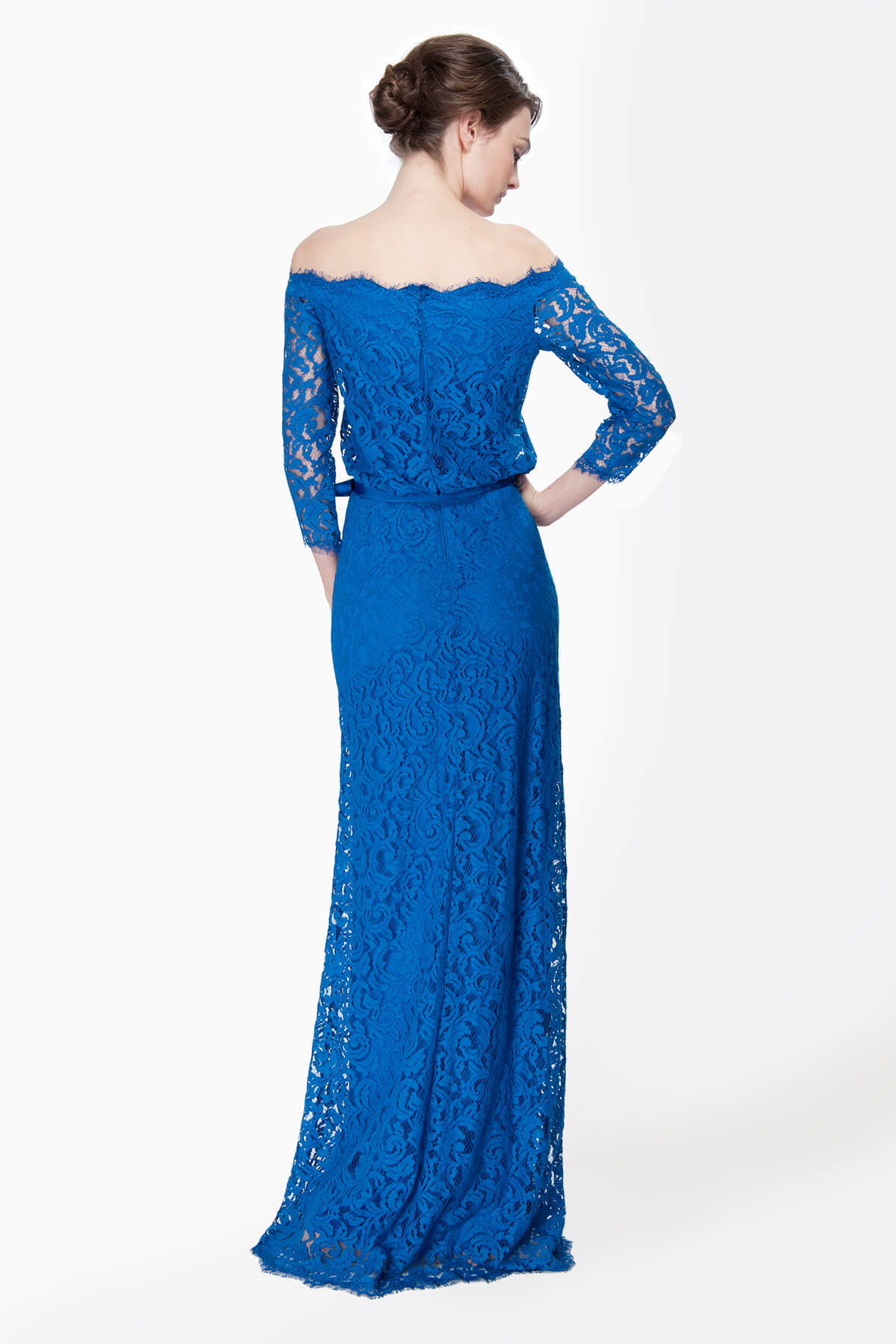 Lace Off Shoulder ¾ Sleeve Gown in China Blue