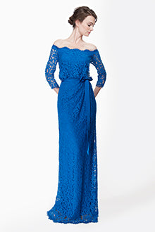 Lace Off Shoulder ¾ Sleeve Gown in China Blue
