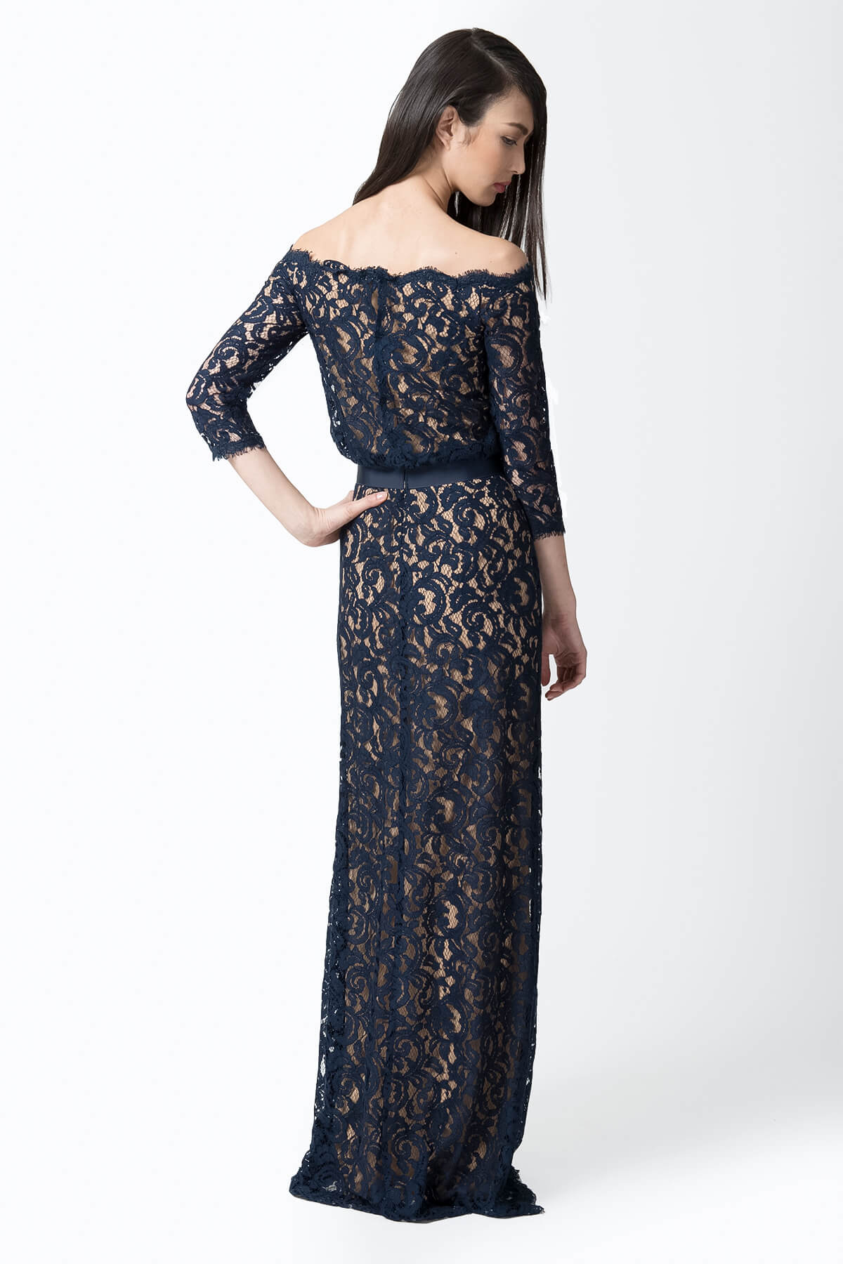 Lace Off Shoulder ¾ Sleeve Gown in Navy / Nude
