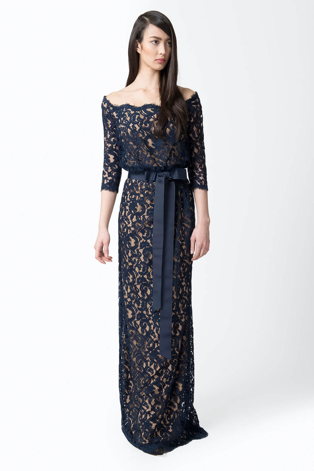 Lace Off Shoulder ¾ Sleeve Gown in Navy / Nude