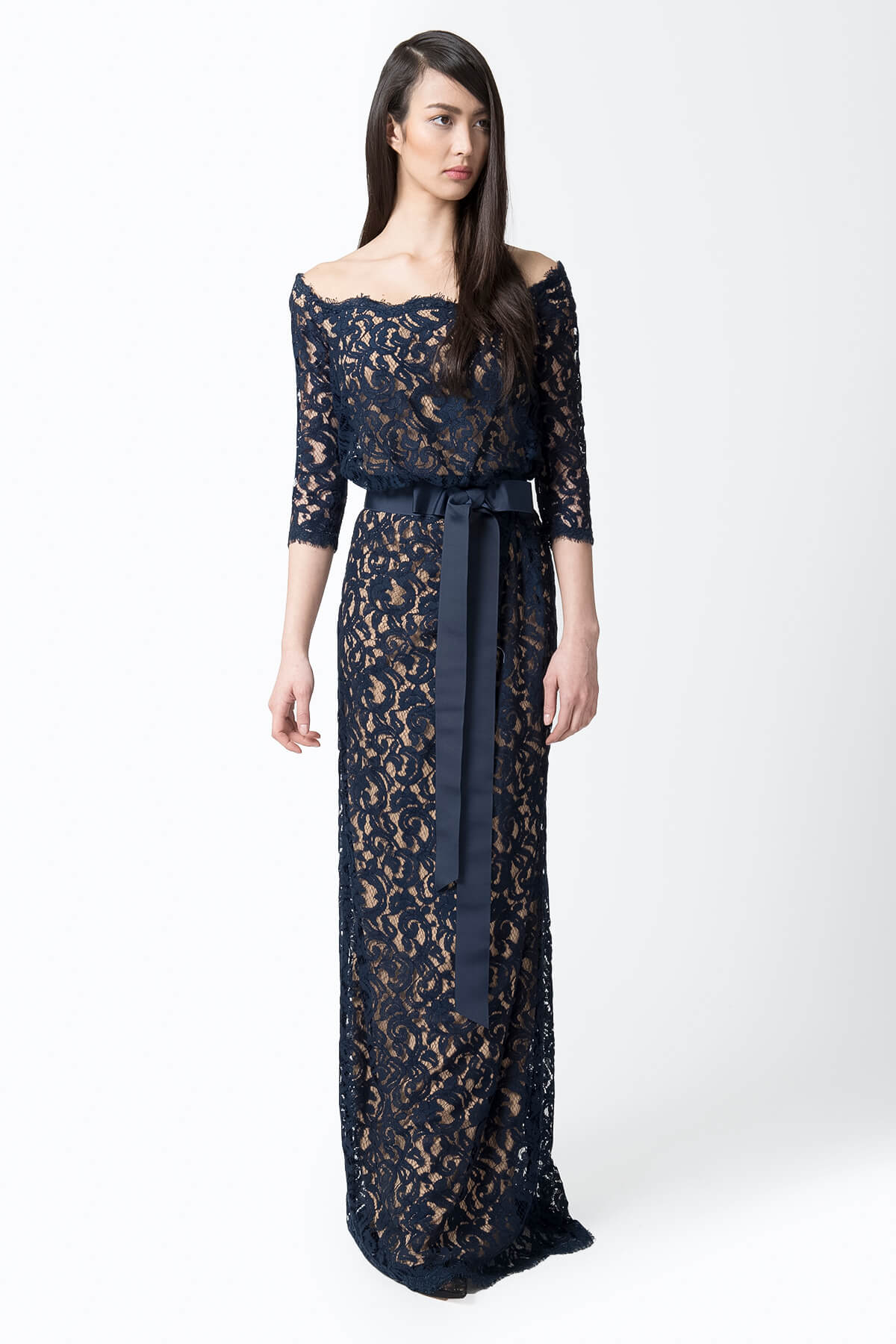 Lace Off Shoulder ¾ Sleeve Gown in Navy / Nude