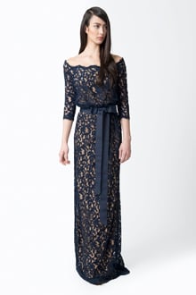 Lace Off Shoulder ¾ Sleeve Gown in Navy / Nude