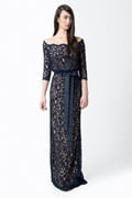 Lace Off Shoulder ¾ Sleeve Gown in Navy / Nude