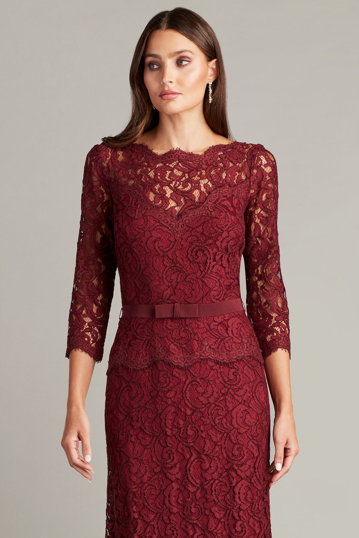 Amberly Belted Lace ¾ Sleeve Gown