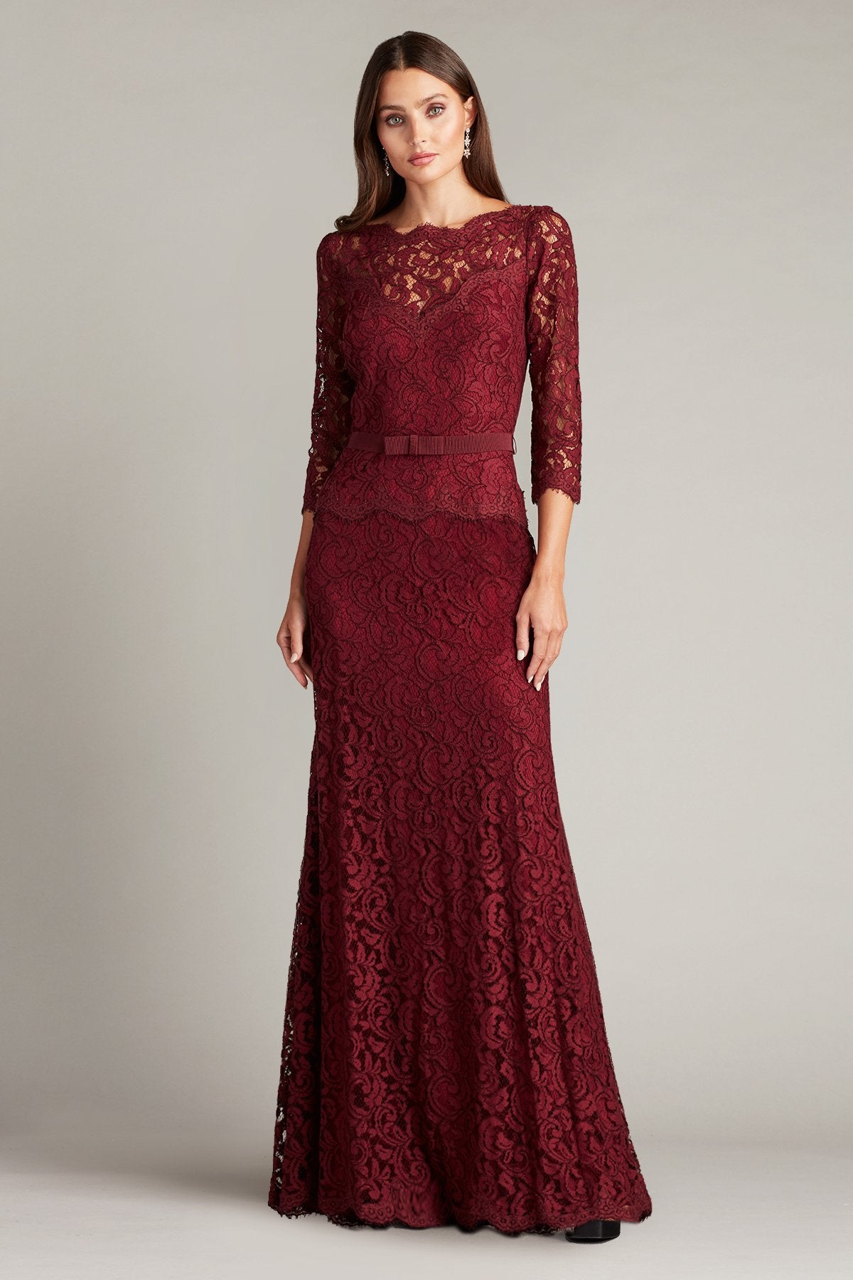 Amberly Belted Lace ¾ Sleeve Gown