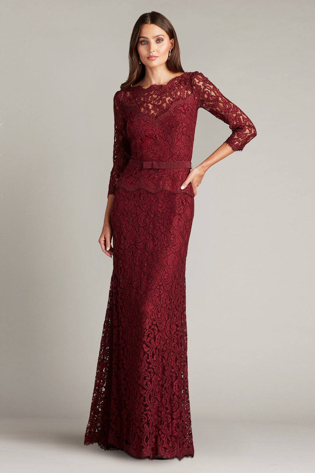 Amberly Belted Lace ¾ Sleeve Gown