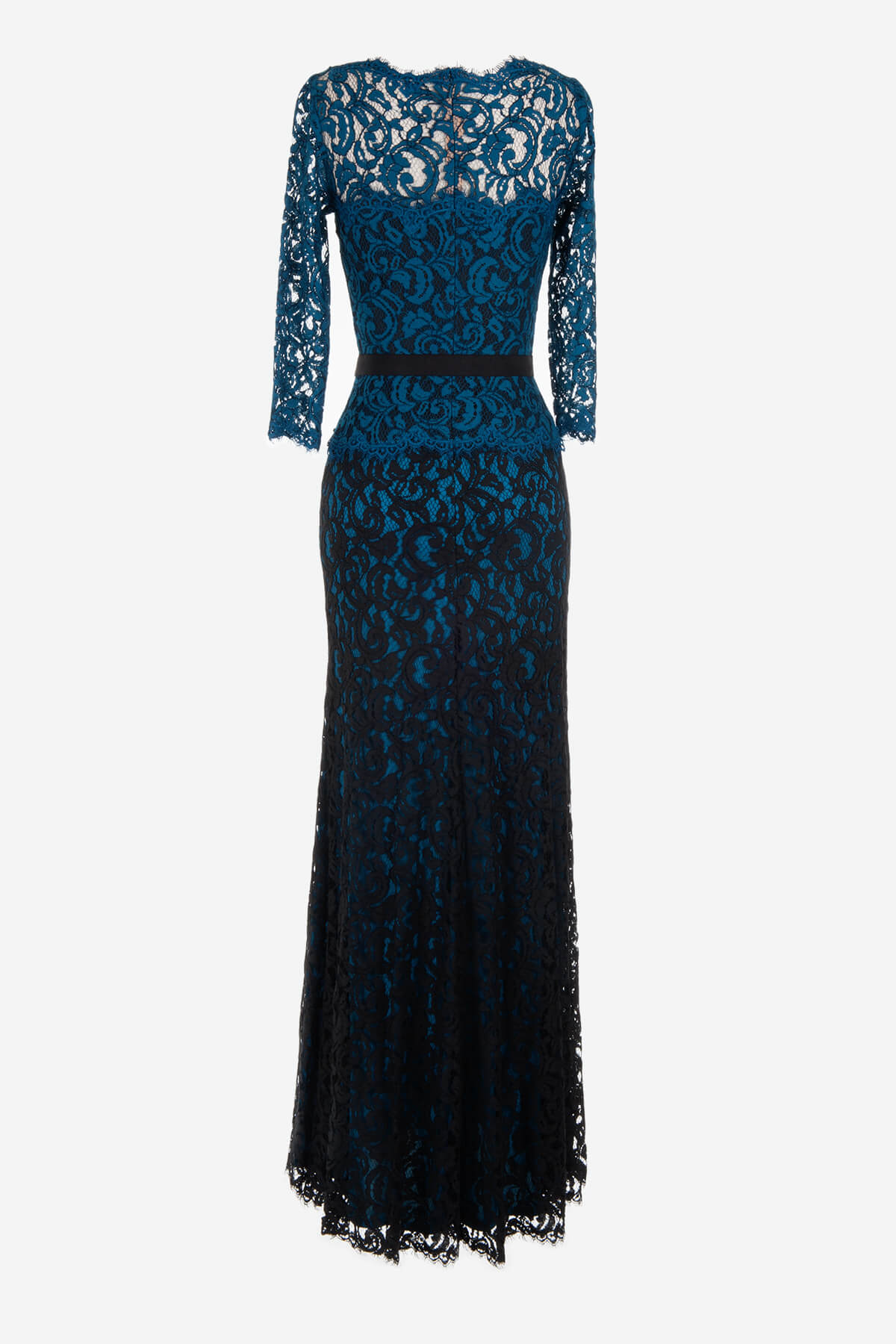 Lace Boatneck ¾ Sleeve Gown with Grosgrain Ribbon Belt in Black / Prussian Blue