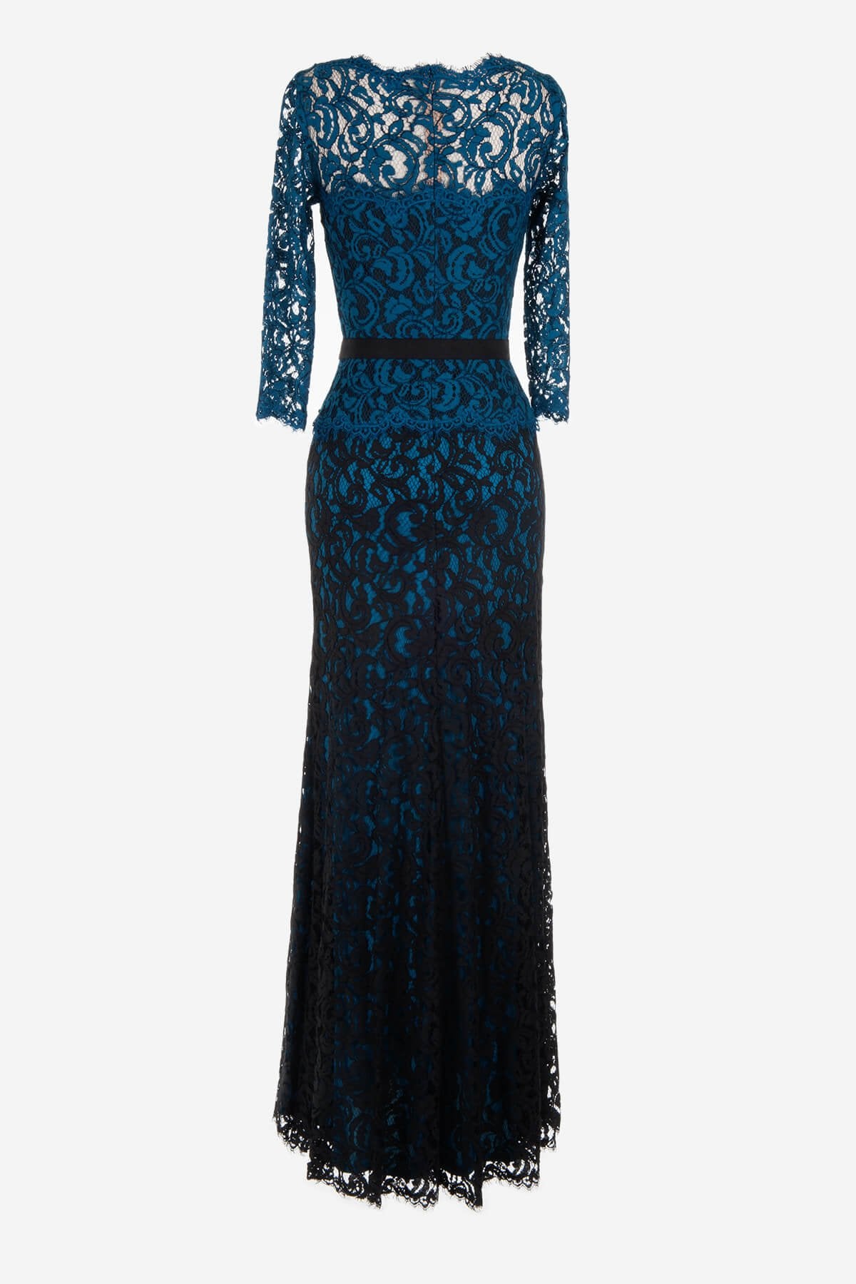Lace Boatneck ¾ Sleeve Gown with Grosgrain Ribbon Belt in Black / Prussian Blue