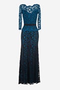 Lace Boatneck ¾ Sleeve Gown with Grosgrain Ribbon Belt in Black / Prussian Blue