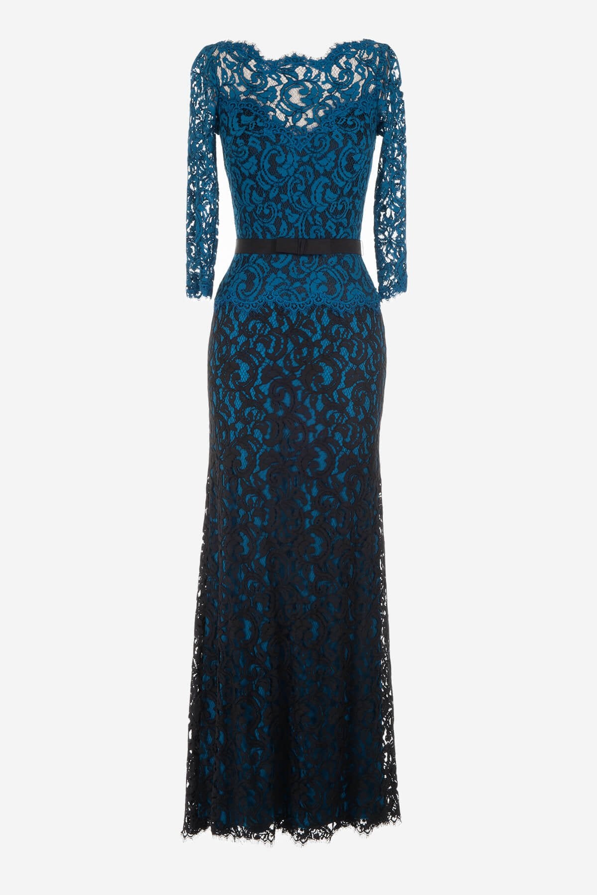 Lace Boatneck ¾ Sleeve Gown with Grosgrain Ribbon Belt in Black / Prussian Blue