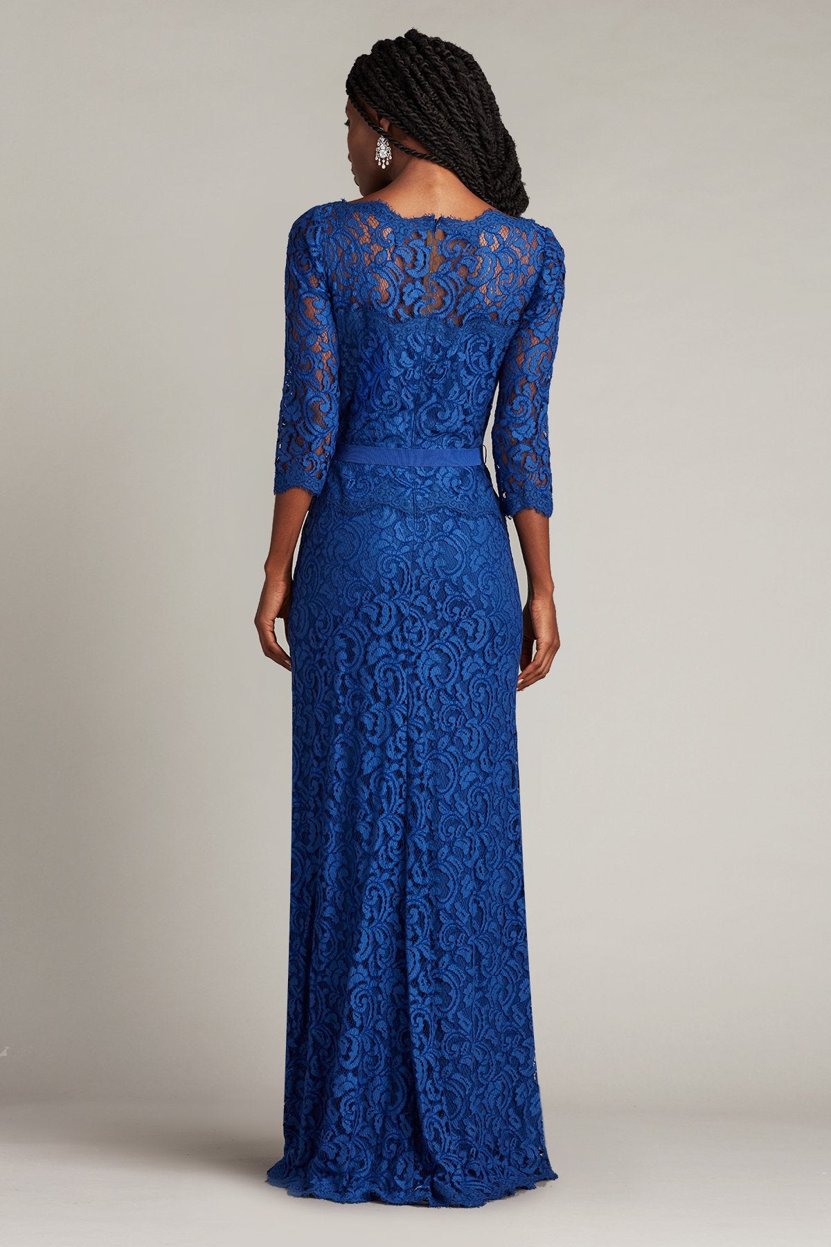 blue flowy dress midi Royal Blue Mother Of The Bride Dress Lace Scoop Neck Bow Belt Satin A-line Gown
