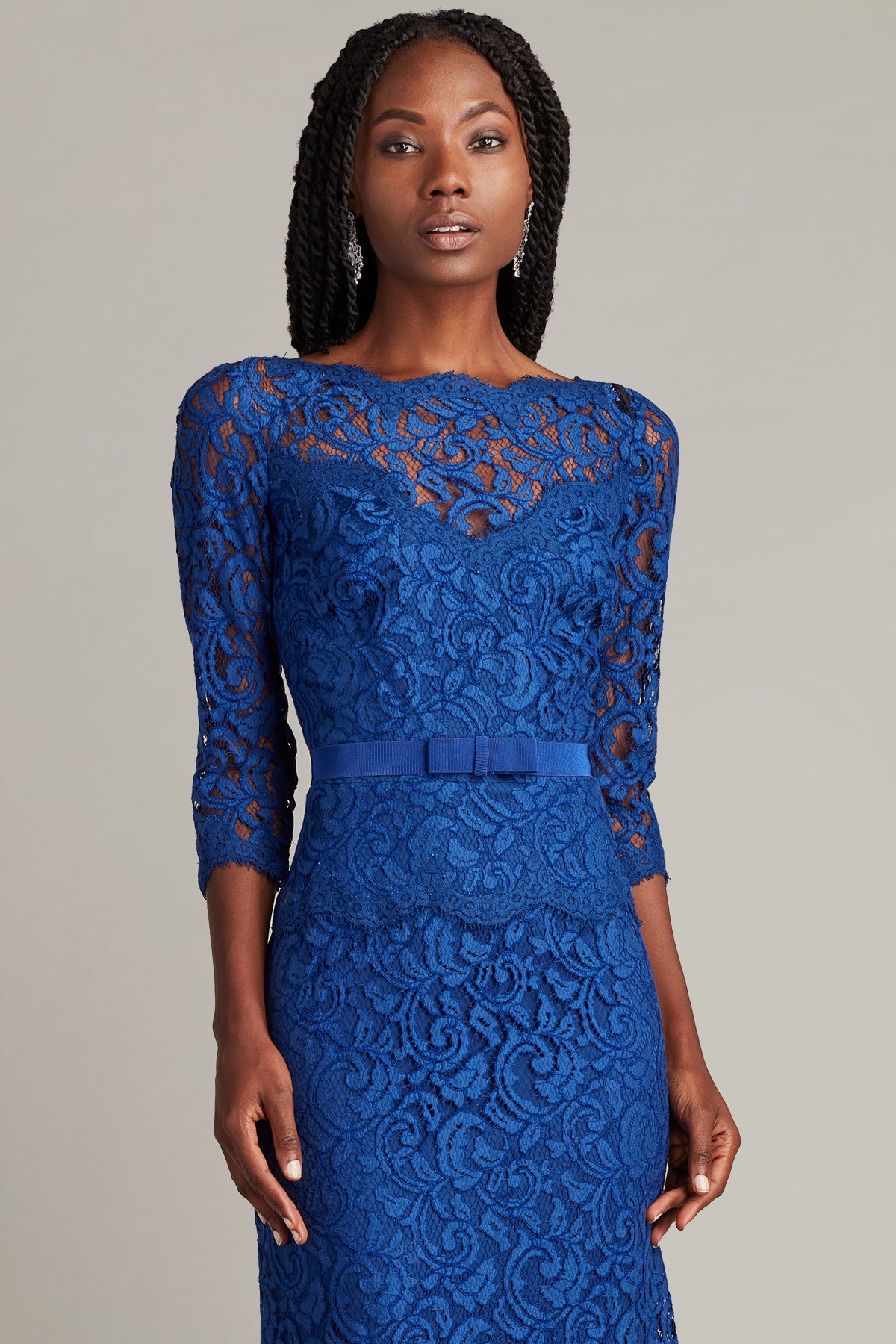 Amberly Belted Lace ¾ Sleeve Gown