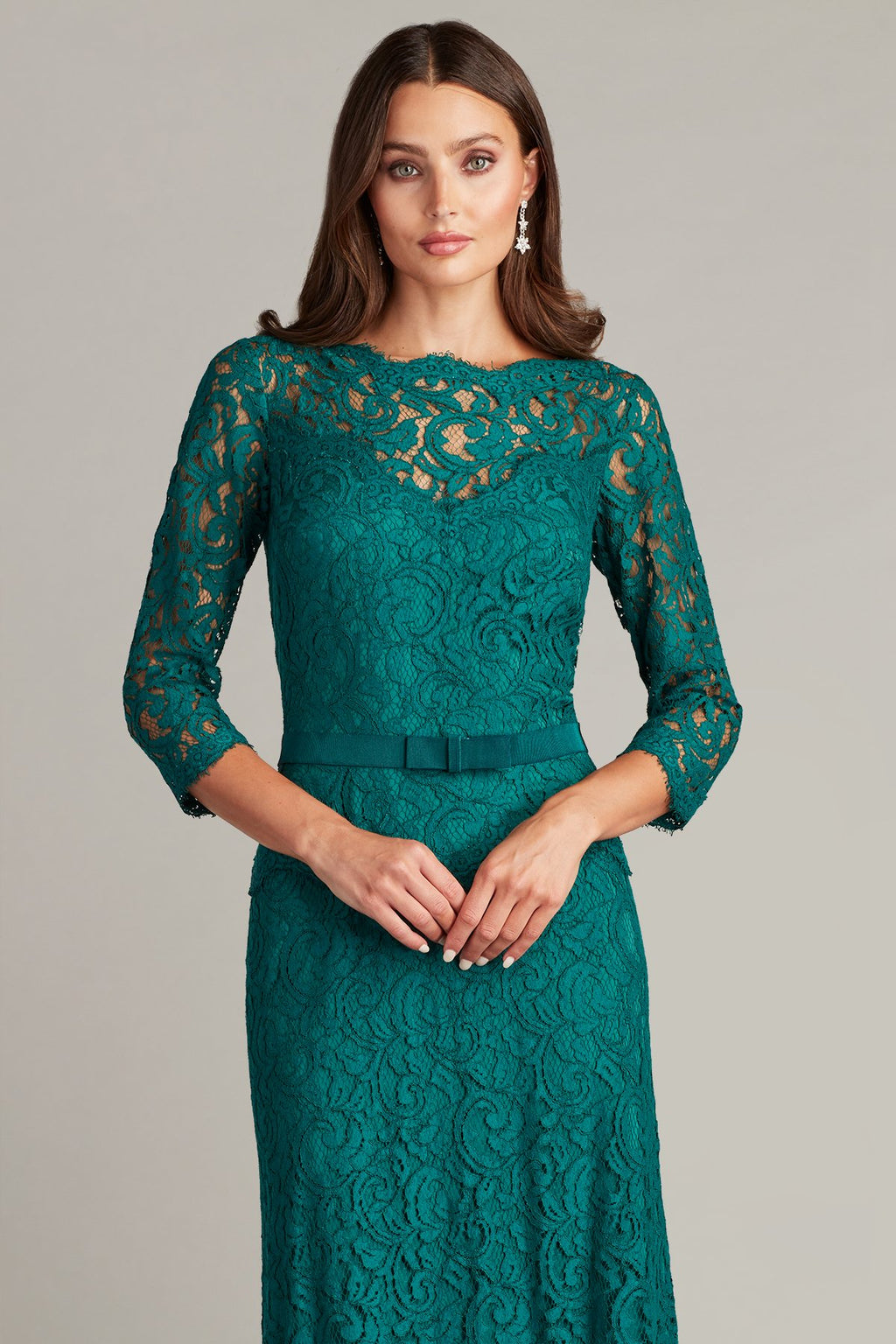 Amberly Belted Lace ¾ Sleeve Gown