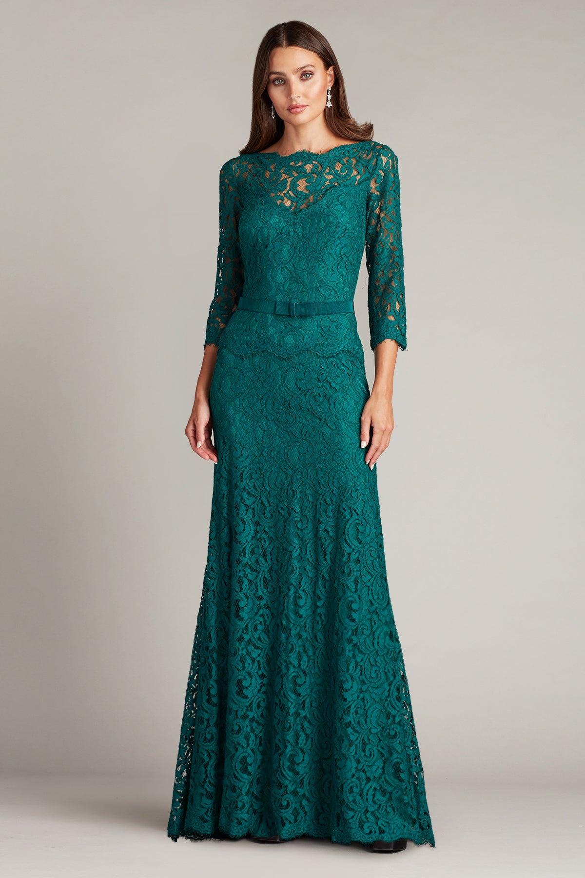 Amberly Belted Lace ¾ Sleeve Gown